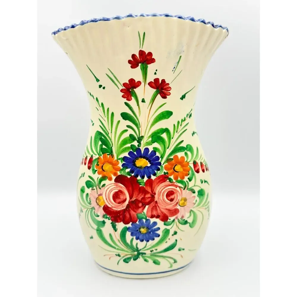 Vintage Deruta Hand Painted Art Pottery Vase Italy Corset Trumpet Flared Florals